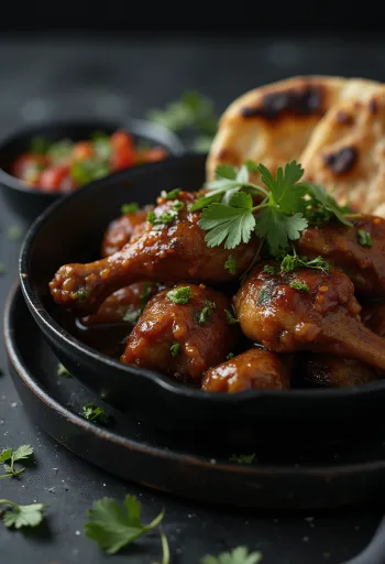 Frango Adobo servido com pão naan, em molho condimentado delicioso