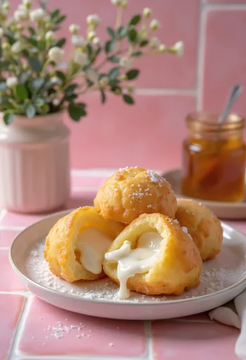 Æbleskiver com recheio de ricota, cor dourada, servido polvilhado com açúcar de confeiteiro