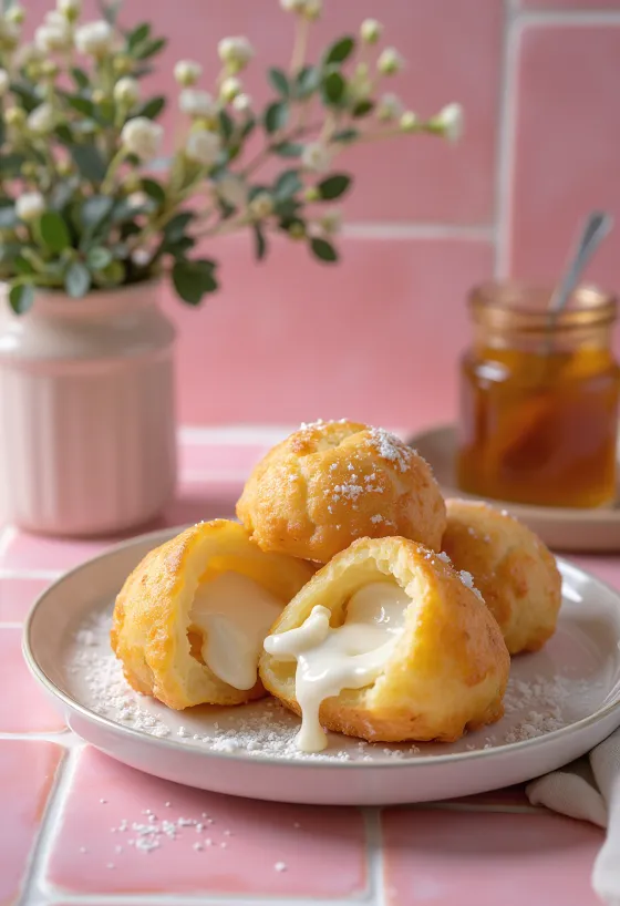 Æbleskiver com recheio de ricota, cor dourada, servido polvilhado com açúcar de confeiteiro