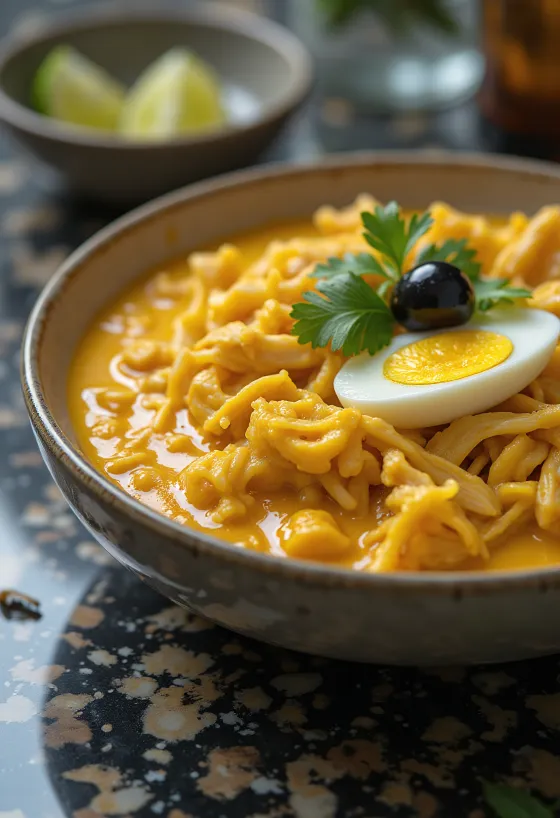 Ají de Gallina sem glúten, frango com amendoim e ají amarillo servido