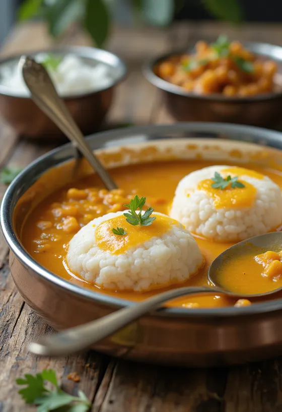 Idli com sambar recém-preparado, idli cozido no vapor e molho picante de lentilha