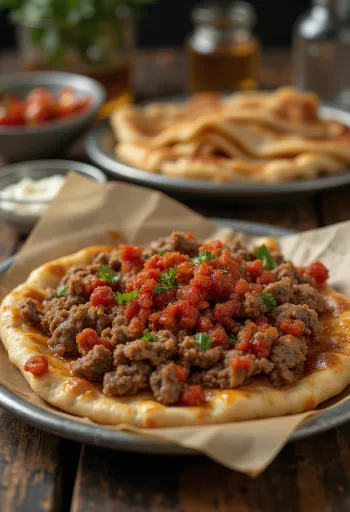Lahmacun com especiarias, servido com massa fresca e recheio de carne condimentada