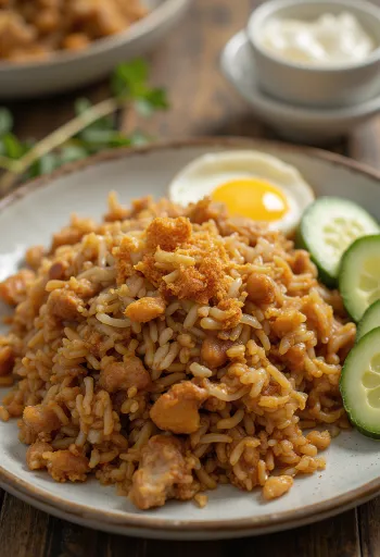 Nasi Goreng servido com pepino fresco e coentro