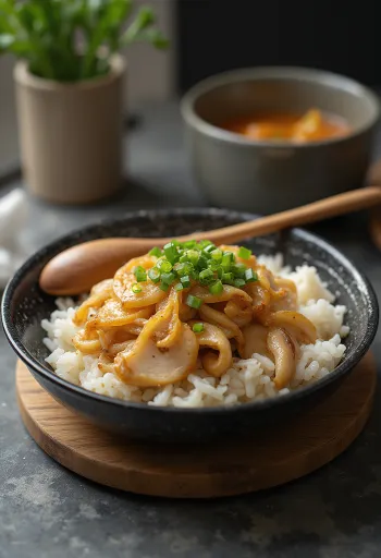 Oyakodon recheado com cebolinha Negi-miso e missô servido com ovo fresco
