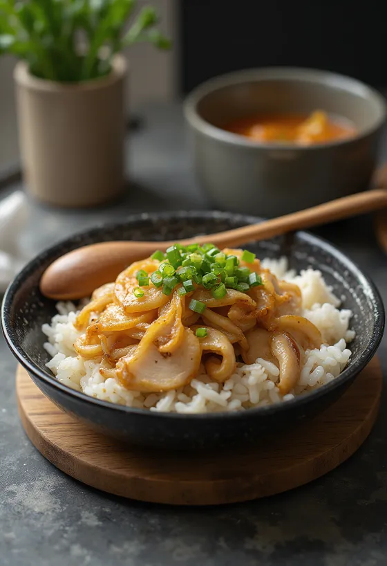 Oyakodon recheado com cebolinha Negi-miso e missô servido com ovo fresco