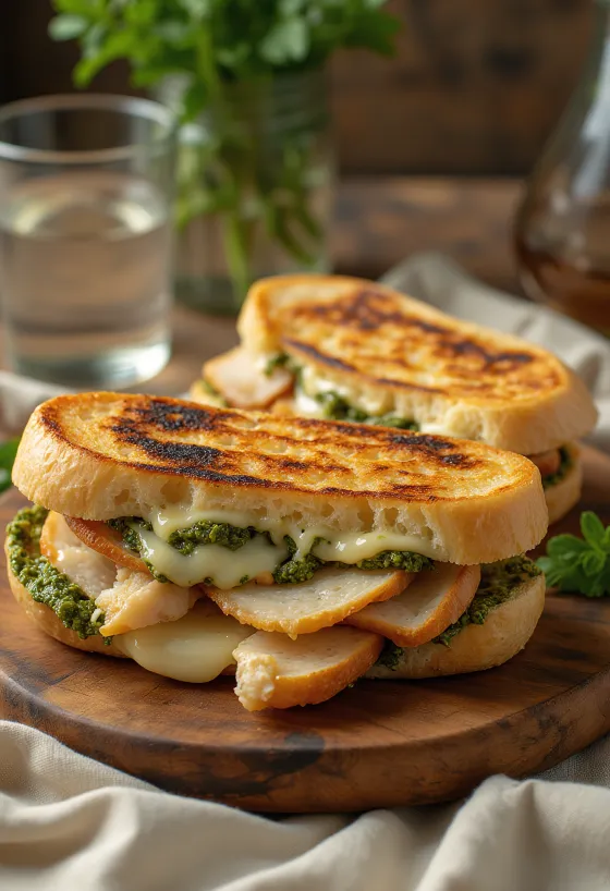 Panini com frango, mozarela e molho pesto, grelhado