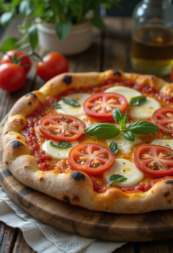 Pizza Caprese com tomate fresco, mussarela e manjericão