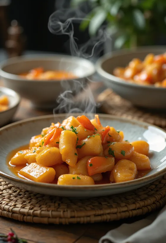 Tangsuyuk de legumes, com vegetais frescos e molho rico de soja