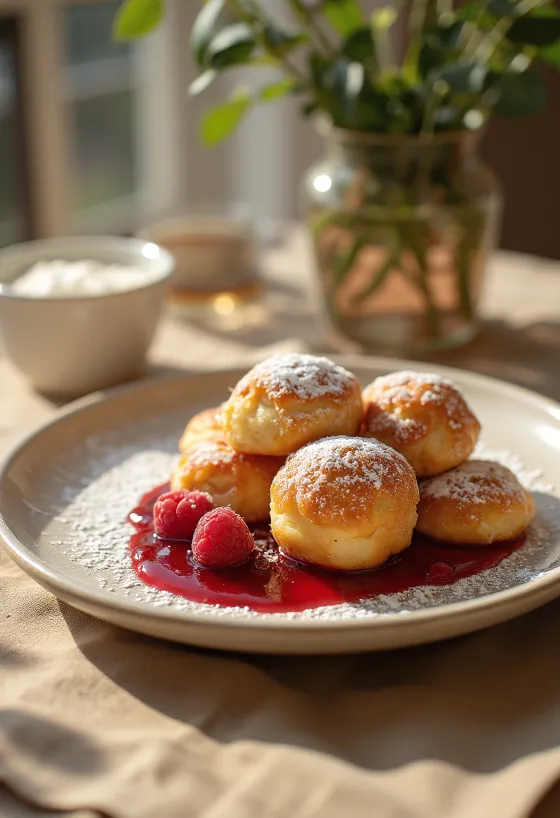 Æbleskiver servido com geleia de framboesa e açúcar de confeiteiro