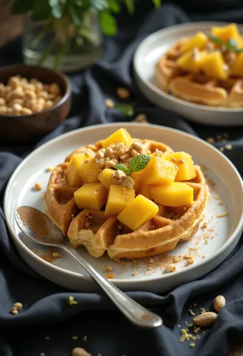 Waffle de inspiração africana com manga, amendoim e suco de limão