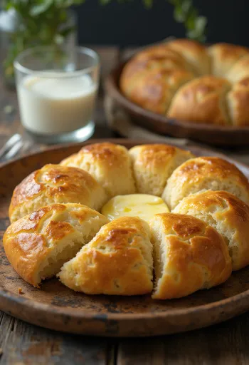 Bannock de forno recém-assado, com massa dourada e macia, cortado em fatias
