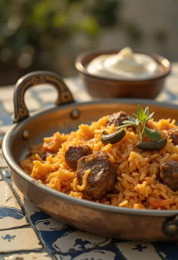 Machboos com carne bovina em uma tigela, servido com rico arroz condimentado e carne assada