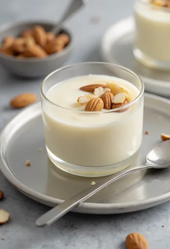 Manjar vegano, sobremesa cremosa de leite de coco com manteiga de amêndoa e baunilha