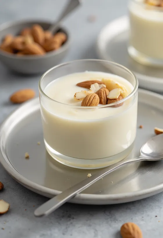 Manjar vegano, sobremesa cremosa de leite de coco com manteiga de amêndoa e baunilha