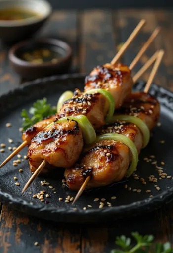 Espetinhos de Yakitori Negima - frango e cebolinha grelhados