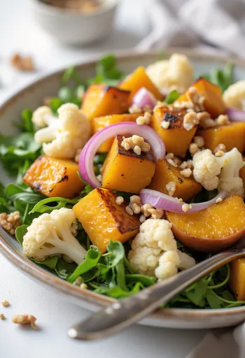 Salada de abóbora e couve-flor assadas servida com molho de nozes