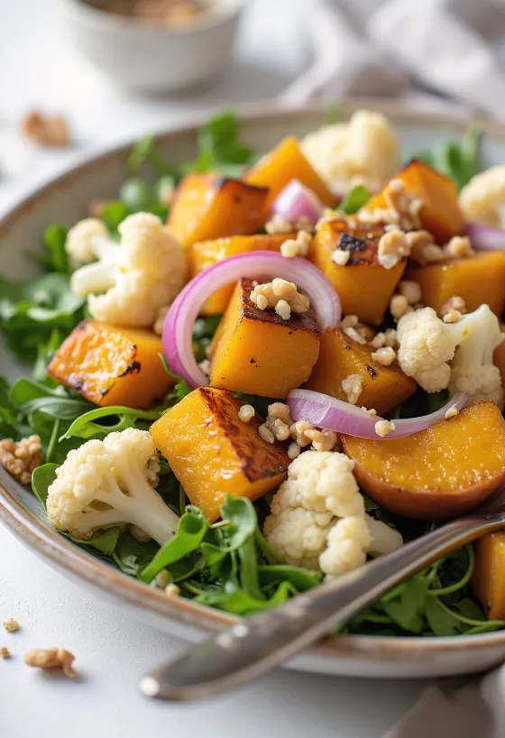 Salada de abóbora e couve-flor assadas servida com molho de nozes