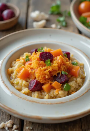 Açorda de legumes, decorada com salsa na tigela