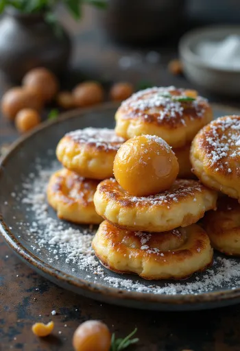 Panqueca Æbleskiver, polvilhada com açúcar de confeiteiro
