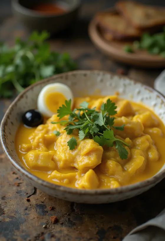 Ají de gallina servido com coentro, com molho cremoso
