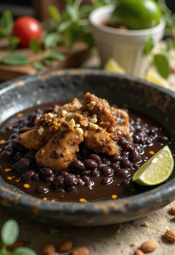 Mole prieto servido com frango, creme de leite e amêndoas