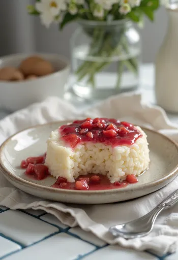 Torta de arroz doce com frutas frescas e geleia