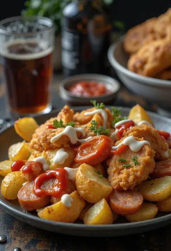 Salchipapas com frango assado, servido com batata crocante e linguiça