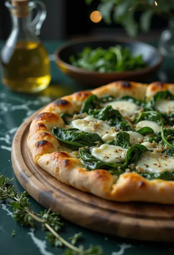 Pizza Quatro Queijos com Espinafre servida