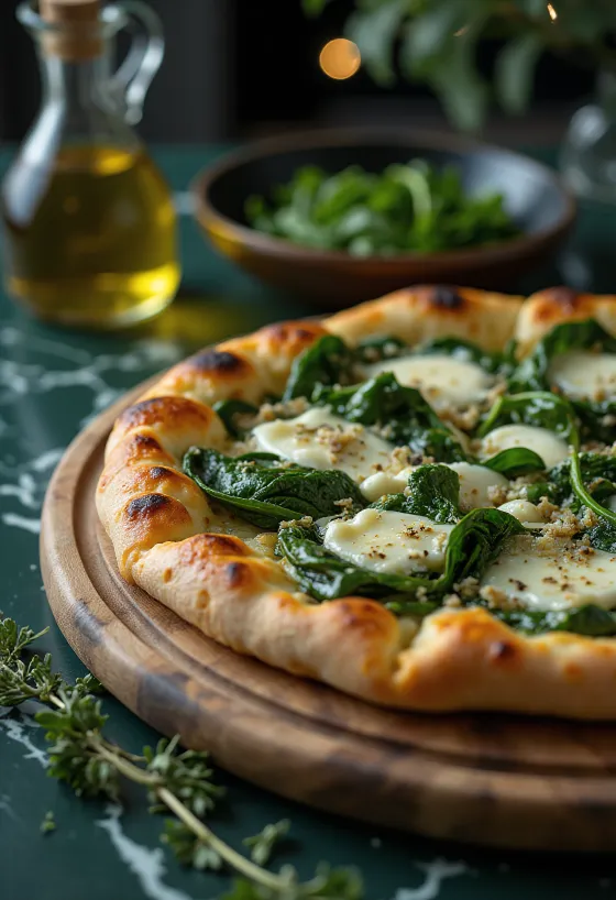 Pizza Quatro Queijos com Espinafre servida