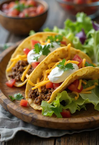 Taco de carne moída servido com creme de leite e queijo ralado