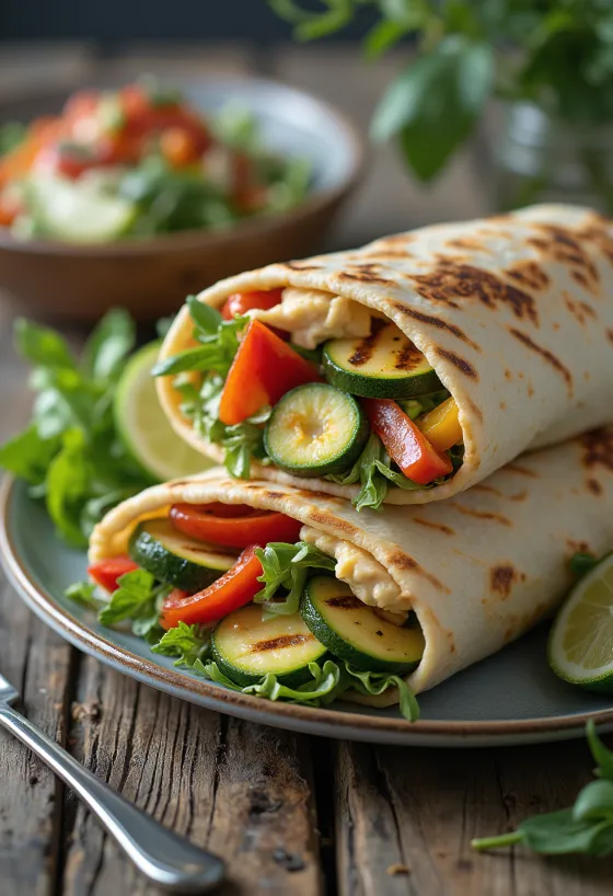 Wrap de legumes grelhados com homus e rúcula