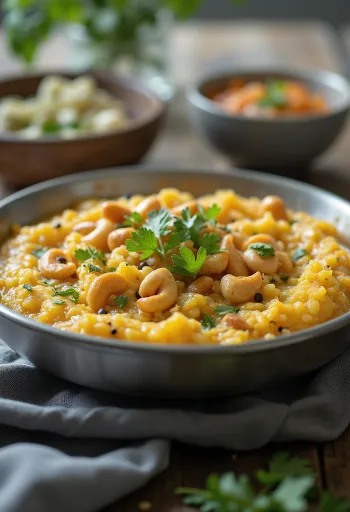 Oats Pongal servido com lentilhas amarelas de aveia, coentro e coco ralado