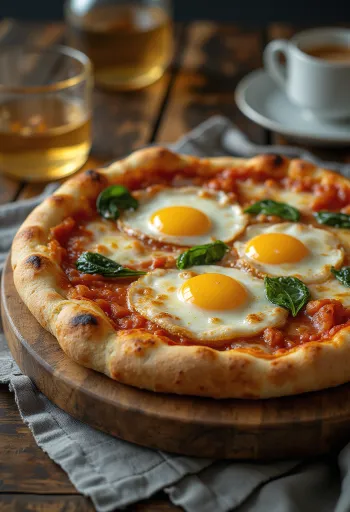 Pizza alla Bismark servida com ovo fresco e espinafre