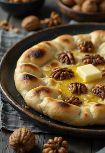 Pão achatado naan polvilhado com pedaços de nozes