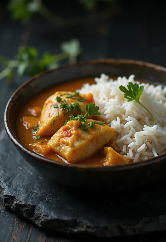 Moqueca servida com arroz branco, peixe e leite de coco