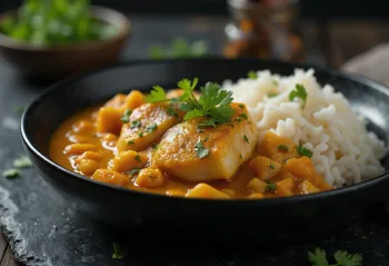 Moqueca servida com arroz branco, peixe e leite de coco