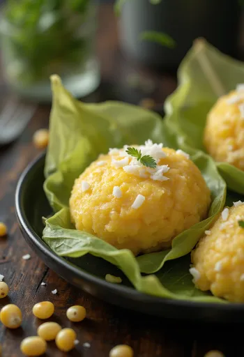 Pamonha com coco ralado, massa de milho com coco e manteiga servida