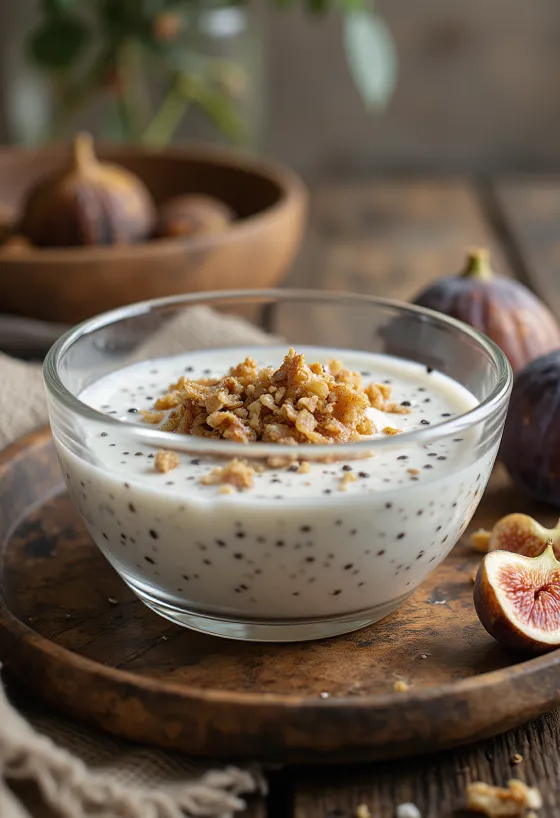 Kefir probiótico de figo e coco em copos, com aparência clara e cremosa