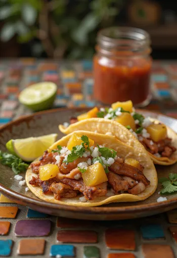 Taco al Pastor com porco, abacaxi e coentro