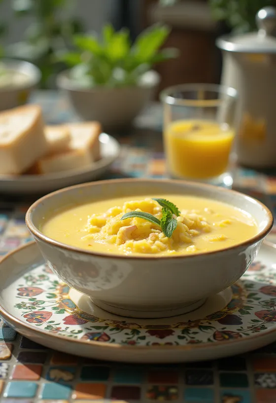 Sopa Avgolemono servida com endro fresco