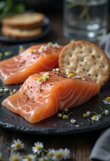 Gravlax com camomila, filé de salmão fresco, servido em prato elegante