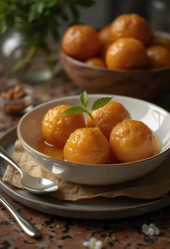 Gulab Jamun Clássico servido, em calda de água de rosas.