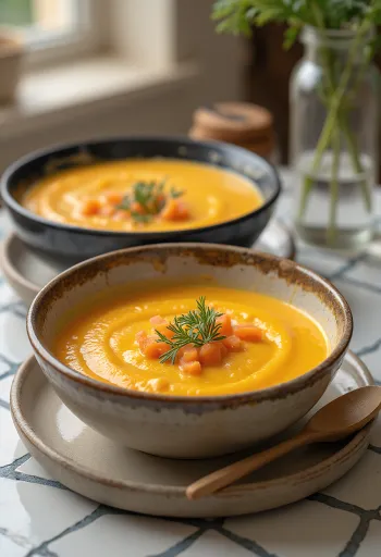 Sopa creme de cenoura com mel e gengibre servida