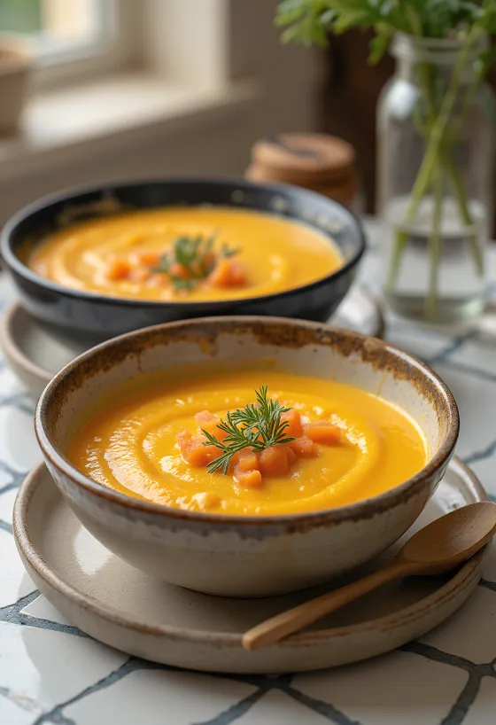 Sopa creme de cenoura com mel e gengibre servida