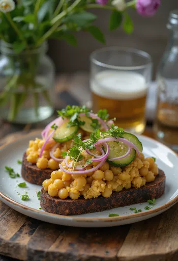 Smørrebrød com salada de grão-de-bico, servido no pão com decoração de salsa fresca