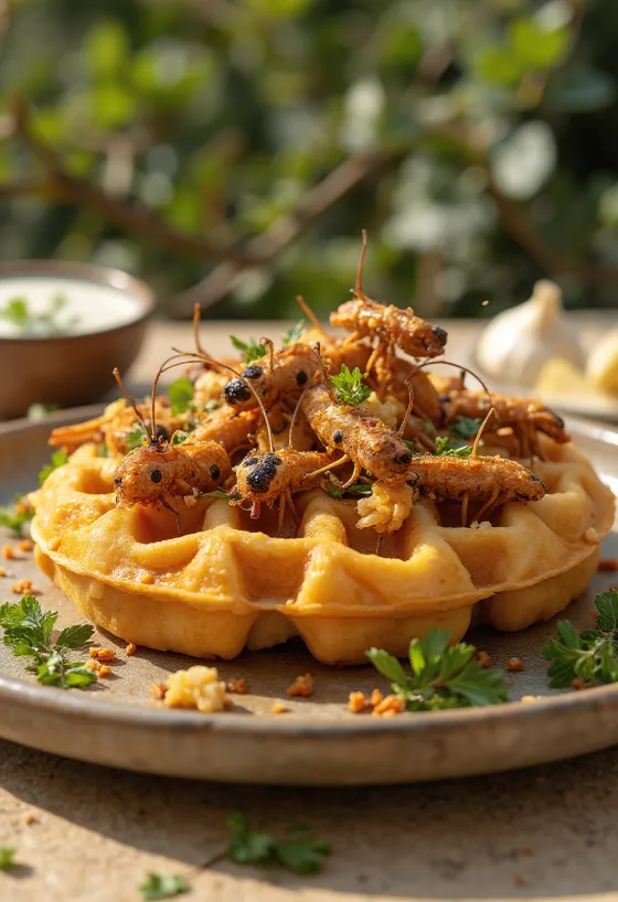 Waffle com insetos fritos, grilo, larva e molho servido