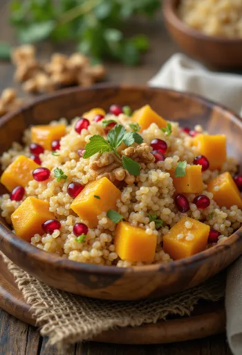 Salada de quinoa com abóbora, romã e nozes torradas.