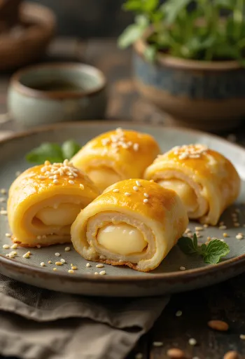 Tamagoyaki com queijo, omelete recheada com queijo derretido