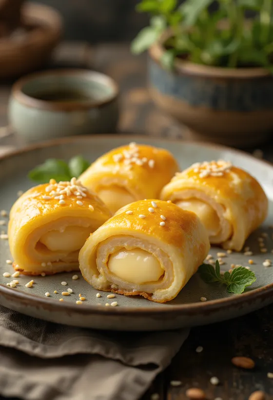 Tamagoyaki com queijo, omelete recheada com queijo derretido
