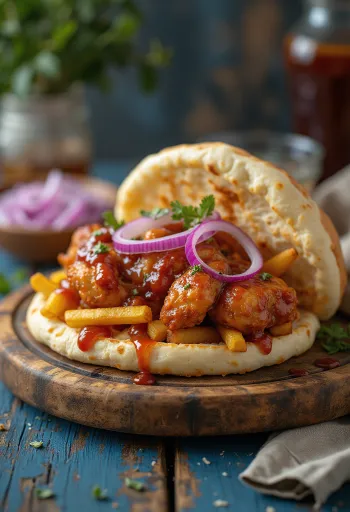 Sanduíche Gyros estilo americano com molho BBQ, legumes frescos e batata frita
